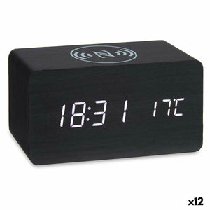 Alarm Clock with Wireless Charger Black PVC MDF Wood 15 x 7,5 x 7 cm (12 Units)