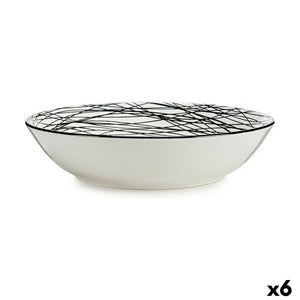 Deep Plate Stripes Black White Ø 20 cm Porcelain (6 Units)