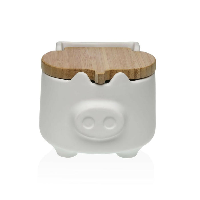 Salt Shaker with Lid Versa White Ceramic Bamboo Pig 13 x 11 x 12,5 cm