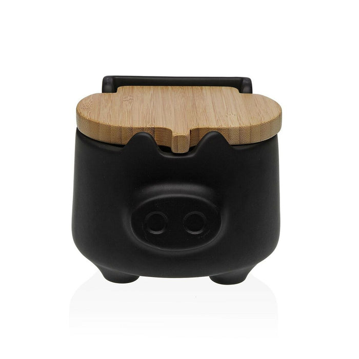 Salt Shaker with Lid Versa Black Ceramic Bamboo Pig 13 x 11 x 12,5 cm