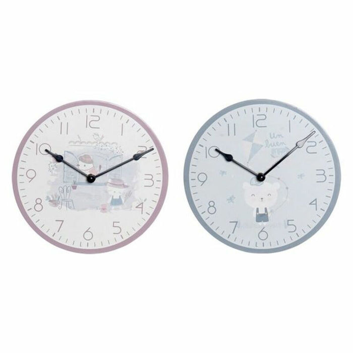 Wall Clock DKD Home Decor Blue Pink Wood Metal Plastic MDF Wood Children's Bird 24 x 3 x 24 cm (2 Units)