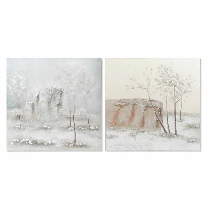 Painting DKD Home Decor Canvas 100 x 3,8 x 100 cm Trees Cottage (2 Units)