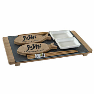 Sushi Set DKD Home Decor Black Natural Ceramic Bamboo Plastic Board Oriental 30 x 15 x 4 cm (9 Pieces)