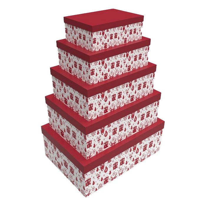 Set of Stackable Organising Boxes DKD Home Decor White Red Cardboard Reindeer 50 x 35 x 25 cm (5 Units)