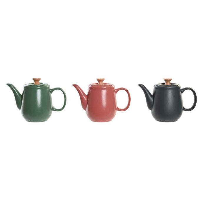 Teapot DKD Home Decor Green Pink Natural Dark grey Rubber wood Stoneware 1 L (3 Units)