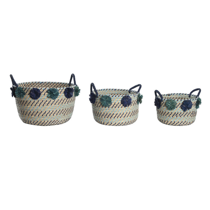 Basket set DKD Home Decor 46 x 44 x 34 cm Pompoms polypropylene Seagrass