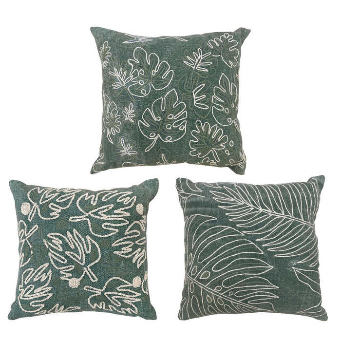 Cushion DKD Home Decor White Green Flowers Tropical (40 x 15 x 40 cm) (3 Units)