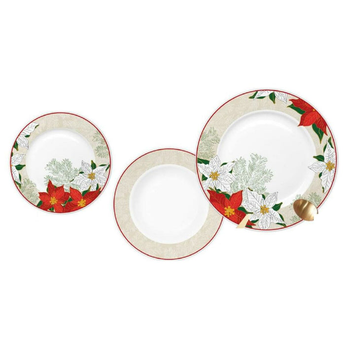 Tableware DKD Home Decor Red Beige Porcelain Flower Christmas 18 Pieces 27 x 27 x 2 cm