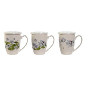 Cup with Tea Filter DKD Home Decor Blue White Green Stainless steel Porcelain 380 ml (3 Units)