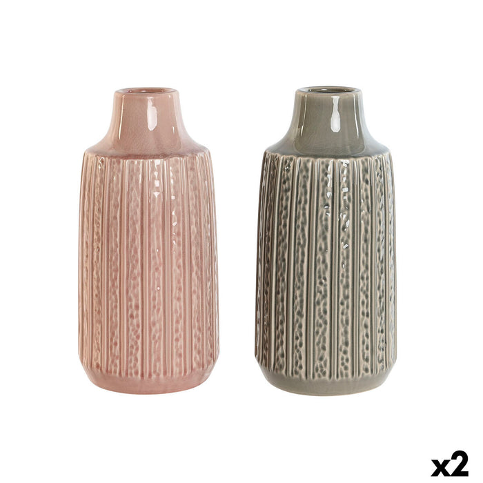 Vase Home ESPRIT Grey Pink Porcelain 15 x 15 x 31 cm (2 Units)