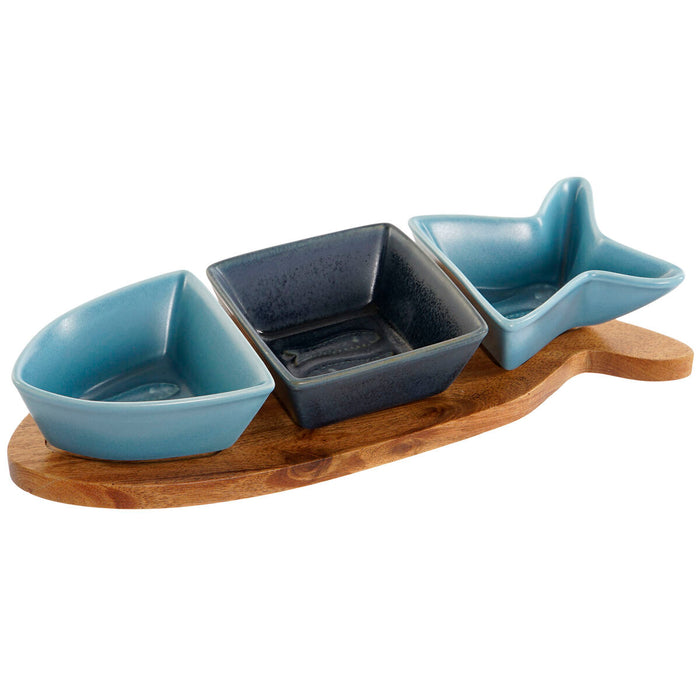 Appetizer Set Home ESPRIT Blue Navy Blue Porcelain Acacia Fish Mediterranean 28 x 9,7 x 1,3 cm 4 Pieces