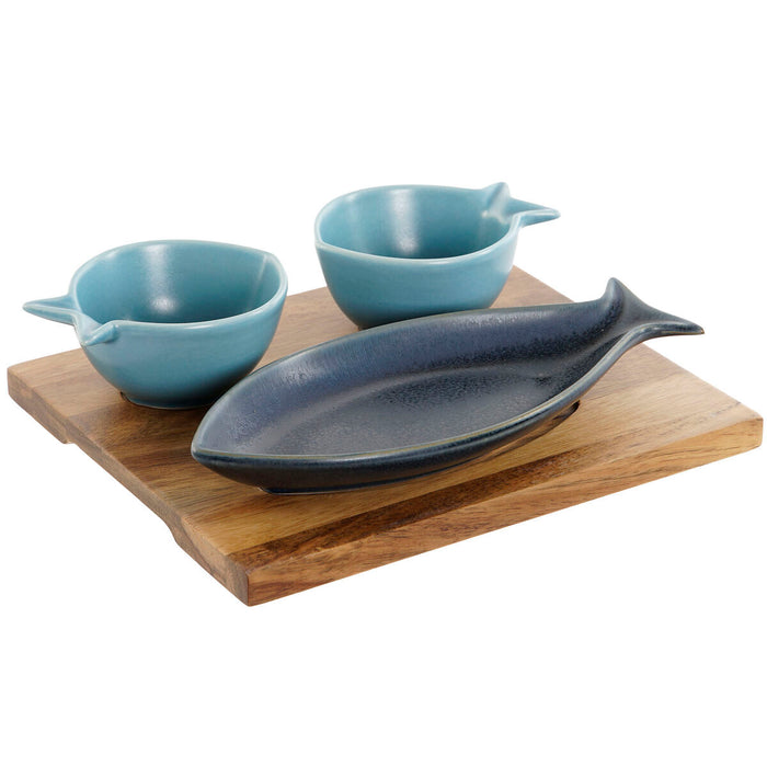 Appetizer Set Home ESPRIT Blue Sky blue Porcelain Acacia Mediterranean Fish 19,5 x 16,5 x 1,3 cm 4 Pieces