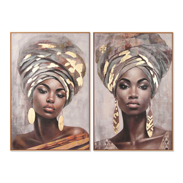 Painting Home ESPRIT Brown Beige Golden Colonial African Woman 80 x 3,5 x 120 cm (2 Units)