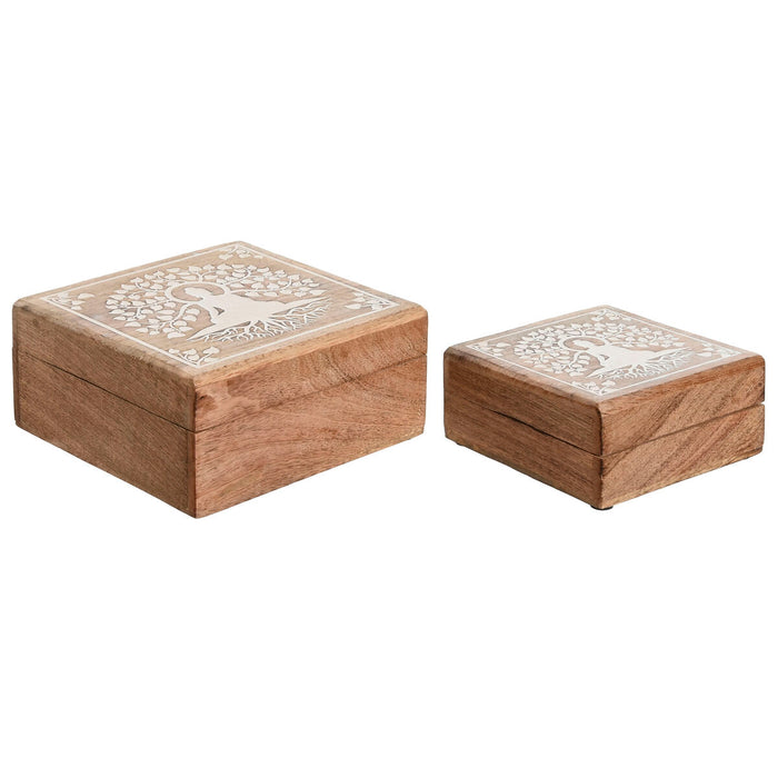 Jewelry box Home ESPRIT White Natural Mango wood 18 x 18 x 9 cm (2 Pieces)