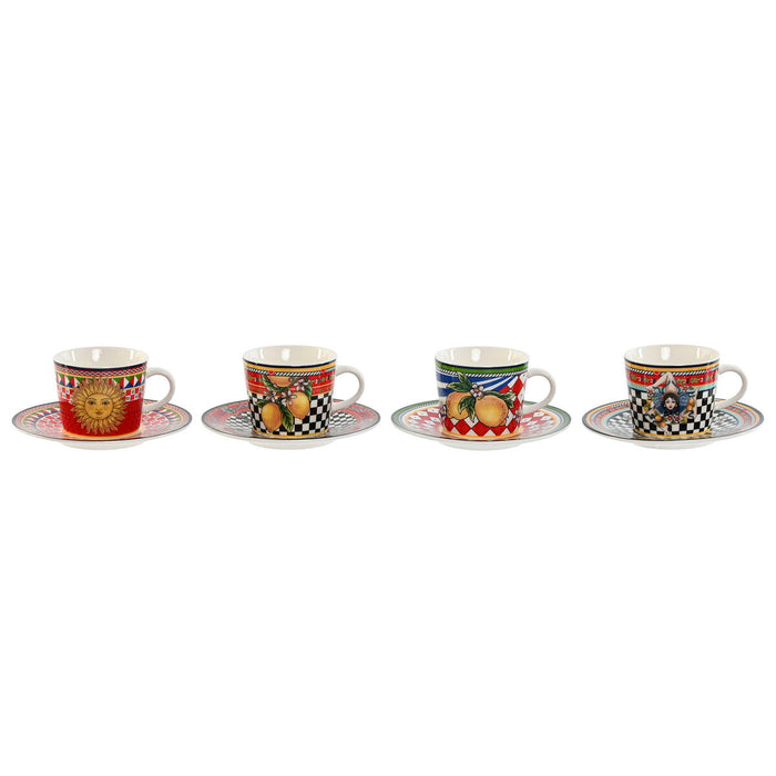 Set of Mugs with Saucers Home ESPRIT Yellow Red Porcelain 12,5 x 12,5 x 1,5 cm (4 Units)