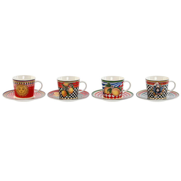 Set of Mugs with Saucers Home ESPRIT Yellow Red Porcelain 220 ml 15,6 x 15,6 x 1,7 cm (4 Units)