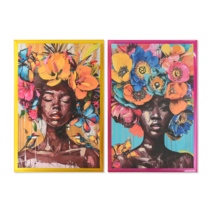 Painting Home ESPRIT Yellow Pink Modern African Woman 80 x 3,3 x 120 cm (2 Units)