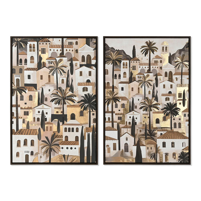 Painting Home ESPRIT Green Beige Golden Houses Tropical 63 x 4,5 x 93 cm (2 Units)