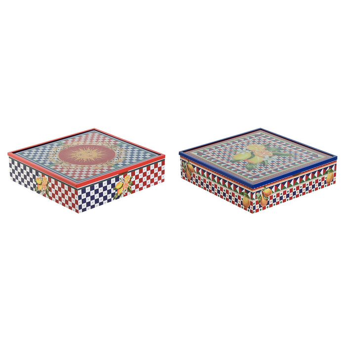 Box for Infusions Home ESPRIT Blue Red Multicolour Metal Crystal MDF Wood 24 x 24 x 6,5 cm (2 Units)