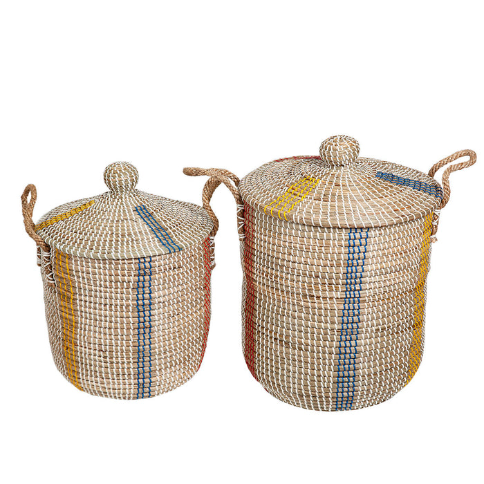 Set of Baskets Romimex Blue Beige Orange Natural Fibre With lid (2 Pieces)