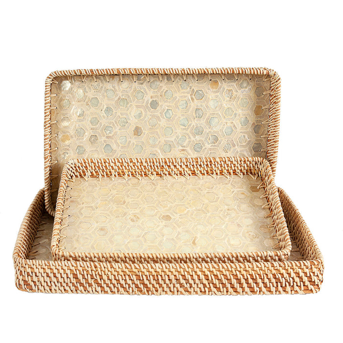 Set of trays Romimex Beige Rattan Mother of pearl 52 x 6 x 32 cm 3 Pieces