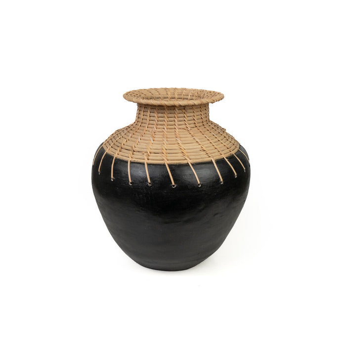 Vase Romimex Black Natural Ceramic Rattan 25 x 30 x 25 cm