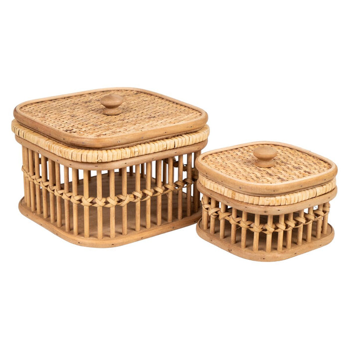 Set of decorative boxes Romimex Brown wicker MDF Wood 19 x 14 x 19 cm 2 Pieces