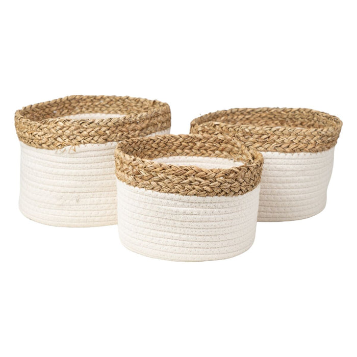 Set of Baskets Romimex White Natural Natural Fibre 23 x 15 x 23 cm 3 Pieces