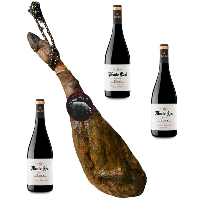 Grain-fed Iberico Ham Linaje Negro 5,5 kg 750 ml wine bottle x 3