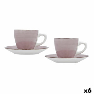 Set of Mugs with Saucers Quid Vita Morning Pink Ceramic (4 Pieces) (6 Units)