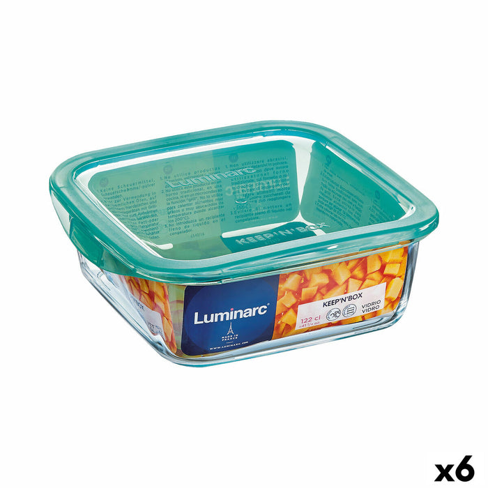 Square Lunch Box with Lid Luminarc Keep'n Lagon 760 ml 13 x 6 cm Turquoise Glass (6 Units)
