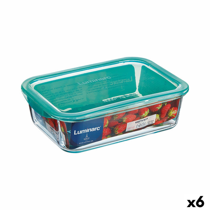 Rectangular Lunchbox with Lid Luminarc Keep'n Lagon 16 x 11,3 x 6 cm Turquoise 820 ml Glass (6 Units)