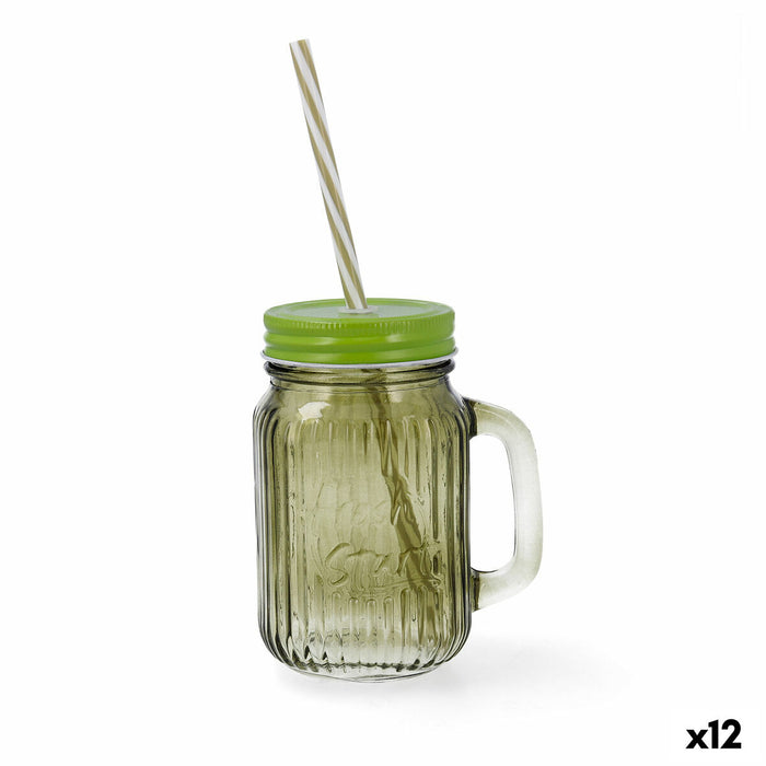 Jar with Lid and Straw Quid Maison Green Glass 450 ml (12 Units)